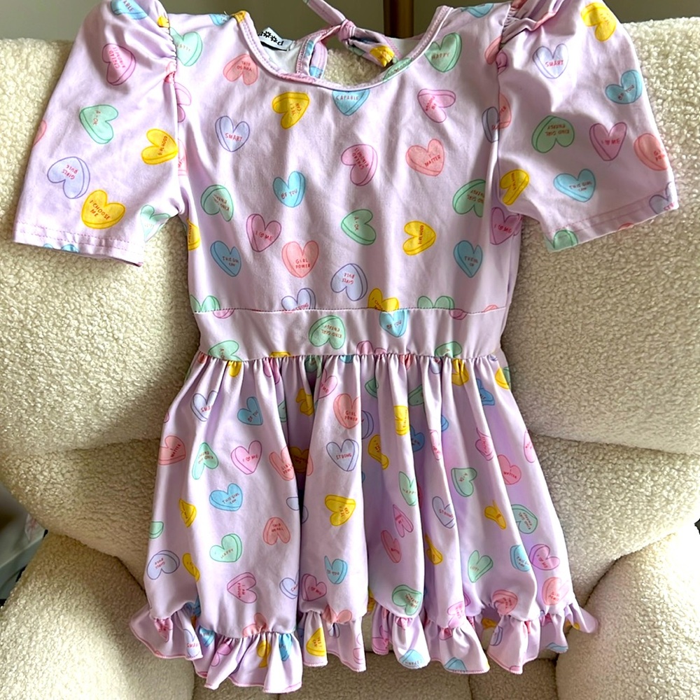 Girls' Pink Sweet Heart Print Ruffle Twirl Dress